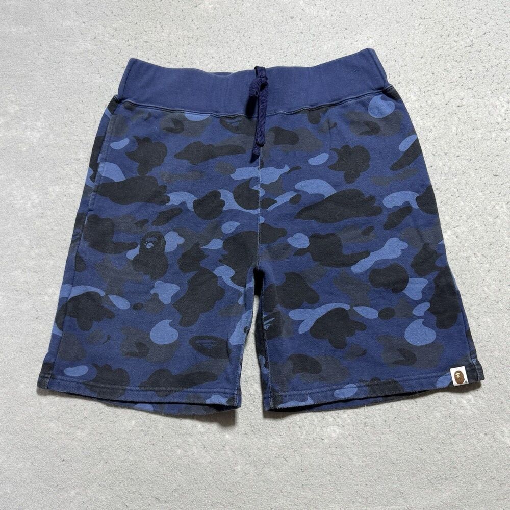 A Bathing Ape Bape Shorts Mens Size Medium Blue Camo Sweat Shorts Pockets